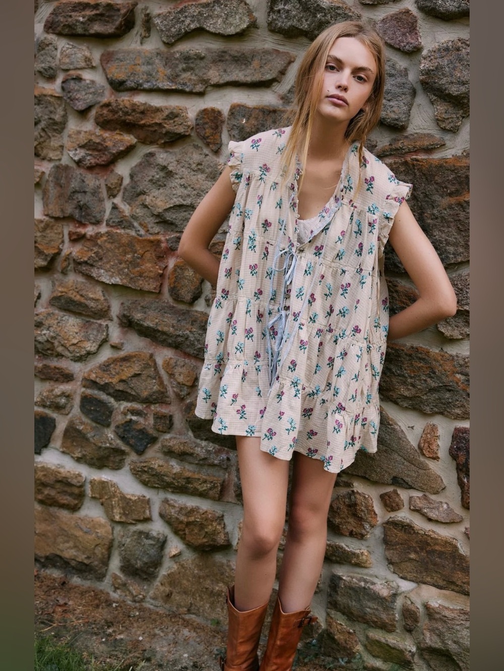 Free People Cream Dress with Pink & Teal Floral Print
